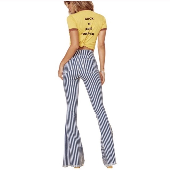 Show Me Your MuMu Pants - NWOT SMYM Berkeley Bells Indigo Stripe